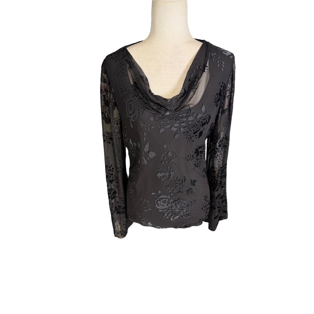 Draper's & Damon's Silk Burnout Velvet Cowl Neck Top Black Sheer Beaded Sleeves